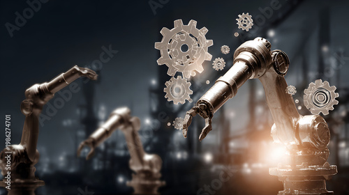 Industrial-themed background with robotic and automation visuals.