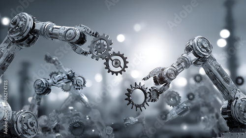 Industrial-themed background with robotic and automation visuals.