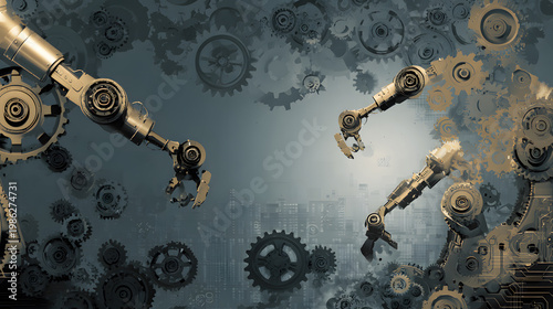 Industrial-themed background with robotic and automation visuals.