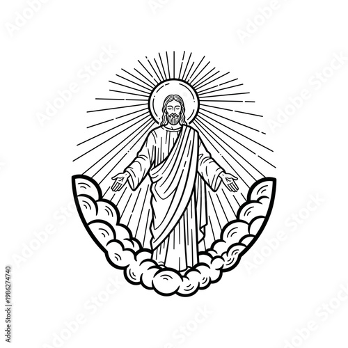 Radiant haloed figure in ornate mandala with intricate floral pattern, monochrome