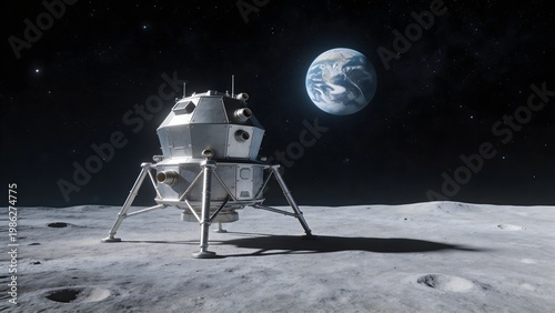 Spacecraft on lunar surface with Earth in background