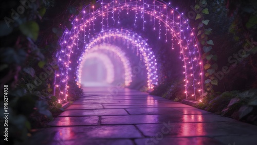 Lighted archway tunnel with glowing lights