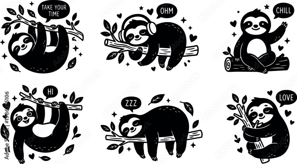 Fototapeta premium Six cute sloths with speech bubbles hugging and hanging on tree branches