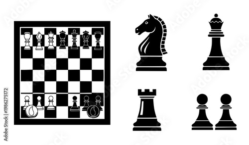 Stylized chess icons vector set in black silhouettes with clean flat design for apps and UI elements