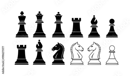 Minimalist chess piece vector set in black silhouettes with modern flat icons for games and strategy illustrations