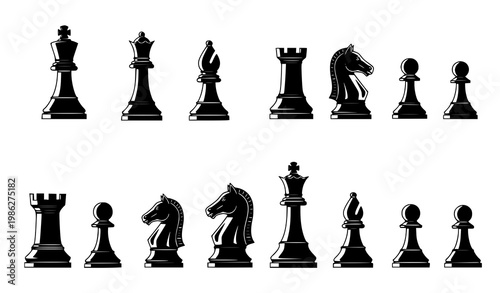 Geometric chess figure vector set in black silhouettes with multiple angles for educational and design projects