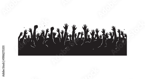 Silhouette of a cheering crowd with raised hands at a concert or event, celebrating people vector.