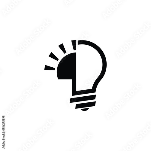 A black icon of a light bulb with a brain inside emits rays on a white background.