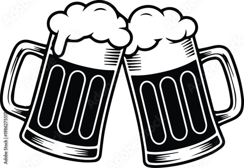 Minimalist black two beer mugs clinking toast silhouette vector icon