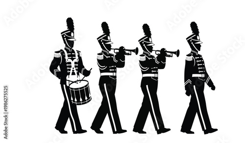 A striking depiction of a marching band composed of four musicians in uniform playing brass instruments and a drum silhouette high quality professional detailed