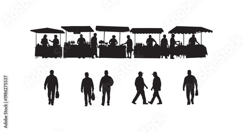 Silhouettes of bustling market stalls with vendors and customers, and four individual people walking in front.