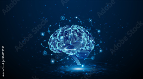 A digital brain of the future, featuring interconnected fluorescent neurons. A neural network or artificial intelligence brain.
