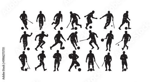 Soccer and football players silhouette set showing athletes kicking balls running and playing various sports activities.