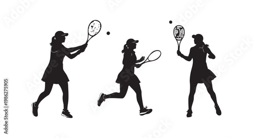 Three female tennis players, silhouettes in action, playing tennis, serving, running, hitting ball, sports, active lifestyle, fitness, game.