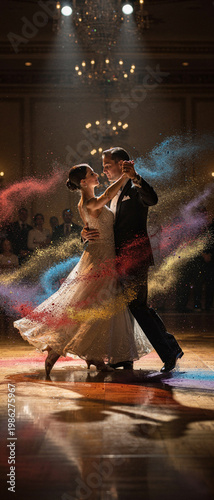 A newly married couple celebrating their wedding with a dance on stage amidst confetti.