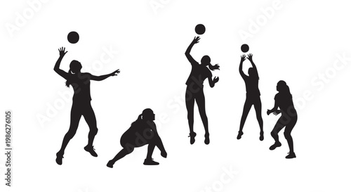 Volleyball players silhouettes in action during a game, sports vector illustration.