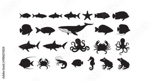 Various sea animals and marine life silhouettes set. ocean creatures and aquatic species collection for design.