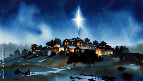 A Peaceful Night Scene With A Bright Light Shining Over A House