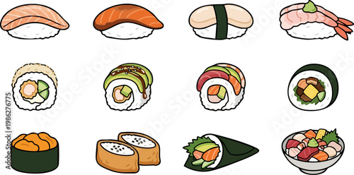 Sushi and rolls vector set, japanese cuisine icons collection