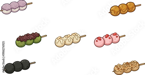 Assorted dango skewers set with various toppings. Japanese rice dumplings vector illustration.