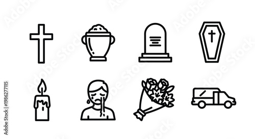 Symbols of faith, death, and assistance in a simple line art style Vector