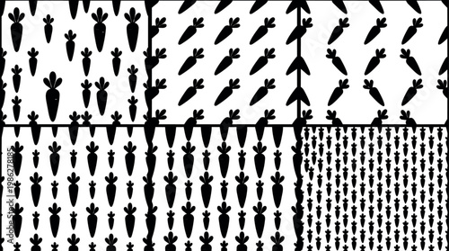 Black and white patterns with carrot silhouettes in different arrangements