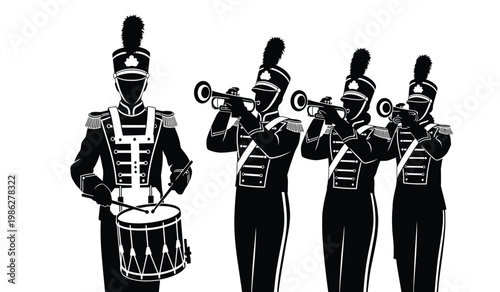 A striking depiction of a marching band featuring a drummer and brass instrumentalists in uniform presented as a silhouette high quality professional detailed modern