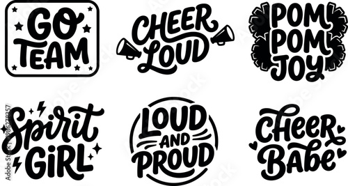 Black and white cheerleading phrases go team pom pom joy loud and proud spirit girl cheer babe vector art