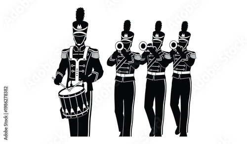 A striking black and white illustration depicts four musicians in vintage military uniforms playing instruments creating a festive scene as a silhouette high quality