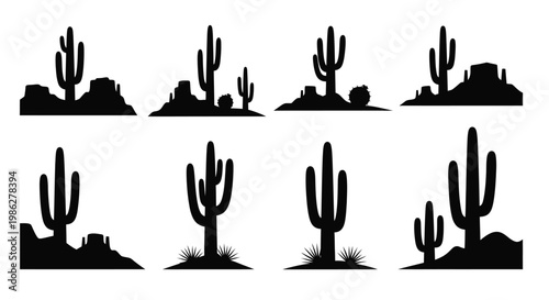Silhouette collection of southwestern desert landscape elements including cacti and rock formations