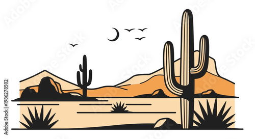 Desert landscape featuring saguaro cacti mountains and a crescent moon
