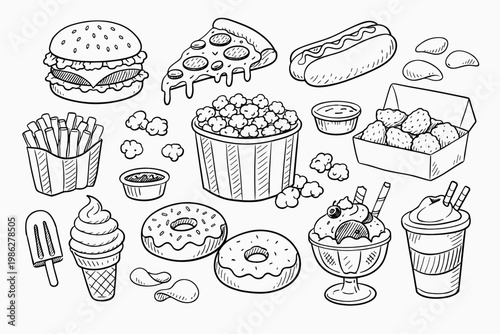 Hand Drawn Sketch Collection of Popular Fast Food and Sweet Treats Featuring Burger Pizza Hot Dog French Fries Popcorn Chicken Nuggets Donuts Ice Cream and Milkshake Vector Illustration Doodle