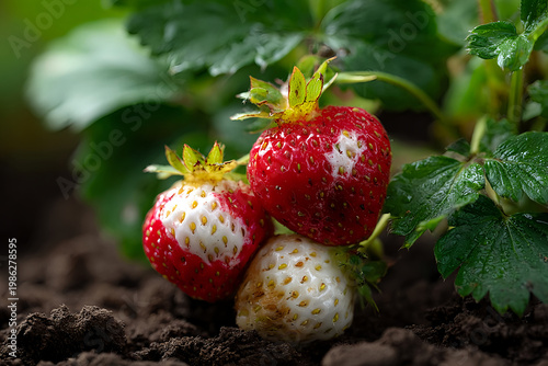 Strawberry fruit with white spot fungus. Gardening, horticulture and organic agriculture concept, Rotten strawberries, mould strawberry, rotten fruit background, moldy strawberries in garden, close-up