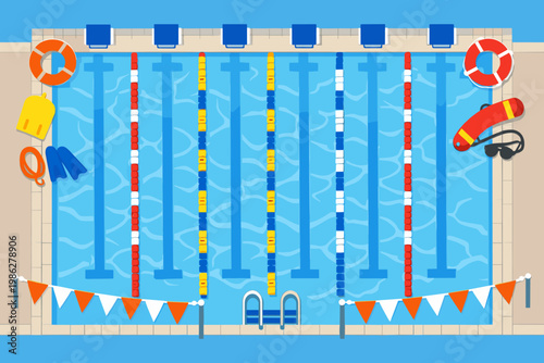 Top view of an Olympic swimming pool with competition lanes, starting blocks, and safety equipment like lifebuoys, goggles, kickboard, and fins. Flat vector illustration for sports and fitness.