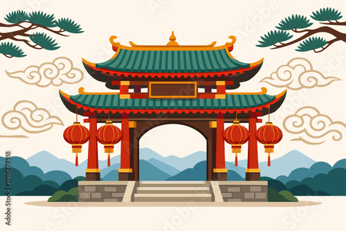 Traditional Chinese Pagoda Gate Illustration with Red Lanterns, Pine Tree Branches, and Oriental Cloud Patterns over a Mountain Landscape Background for Lunar New Year and Asian Cultural Decor