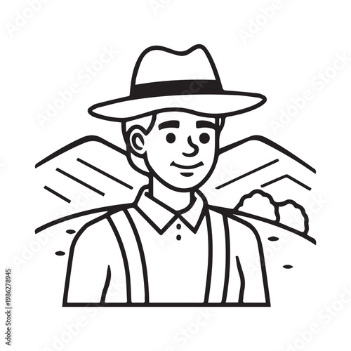 Young Man in Wide Brim Hat Mountain Line Art Illustration