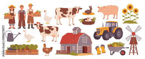 Farm Animals and Equipment Collection Flat Design farming