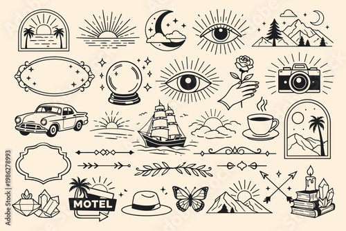 Vector Set of Vintage Retro Design Elements and Illustrations in Simple Linear Style Featuring Sun, Moon, Eye, Mountain, Camera, Classic Car, Ship, Coffee, Butterfly, Crystal, and Motel Signage.
