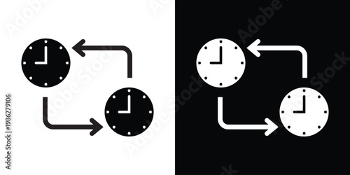 Clock synchronization icon featuring two timepieces with rotation arrows, representing time zones, scheduling efficiency, real-time updates, and punctuality in business operations.