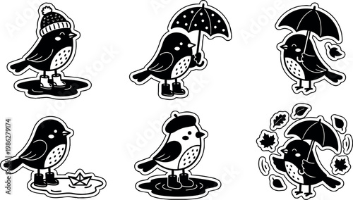 Black and white vector birds with umbrellas hats and boots in rainy autumn puddles