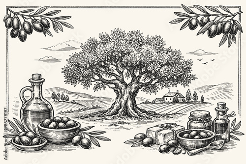 Vintage Hand-Drawn Olive Tree Banner with Extra Virgin Olive Oil Bottles, Bowls of Olives, and Mediterranean Farm Landscape. Retro Engraving Illustration for Organic Food and Natural Cosmetics.