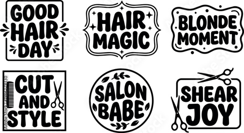 Black and white handwritten lettering hair salon quote set with scissors and comb icons