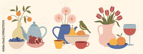 Still Life Arrangement of Vases Fruits Flowers and Drink