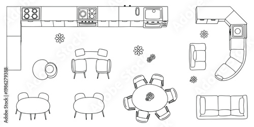 Top-down sketch of a floor plan with furniture and kitchen elements
