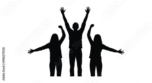Three people with arms raised in a celebratory silhouette against white
