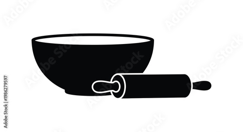 Simple black and white illustration of a bowl and rolling pin
