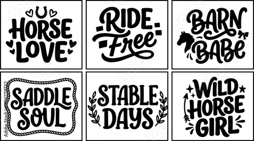 Black and white horse love and wild horse girl lettering set with rope and leaves