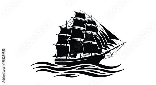 A detailed black silhouette of a majestic sailing ship on water