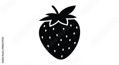 A simple black silhouette of a ripe strawberry with green leaves