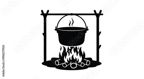 A black silhouette of a cauldron hanging over a campfire